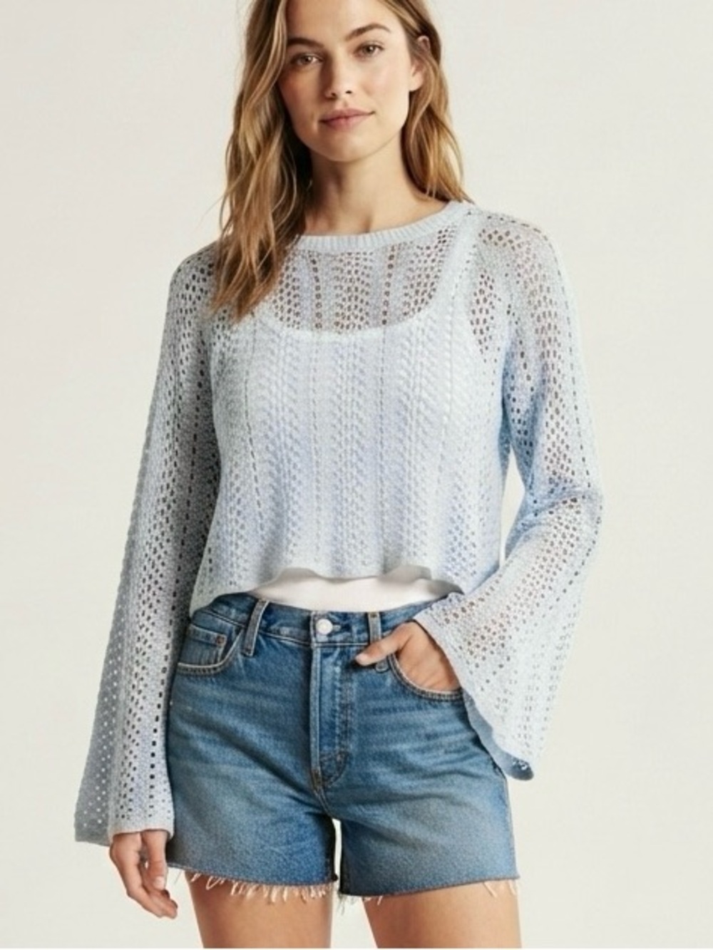 NWOT Crochet Knit Bell Sleeve Sweater Size L
